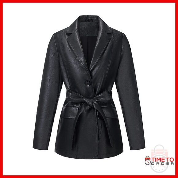 Jackets & Blazers - Women's Faux Leather Blazer Jacket Lapel Button Down Coat